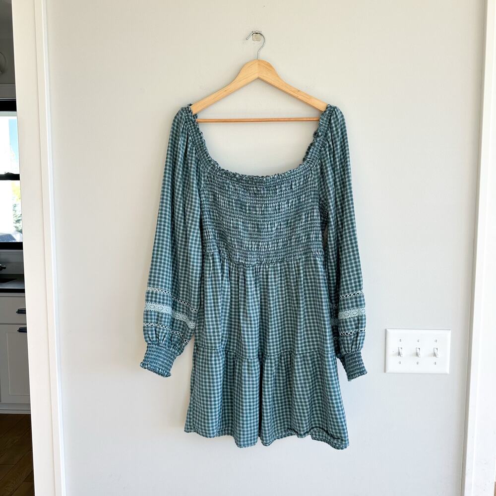 American Eagle Outfitters Plaid Smocked Mini Dress Teal L